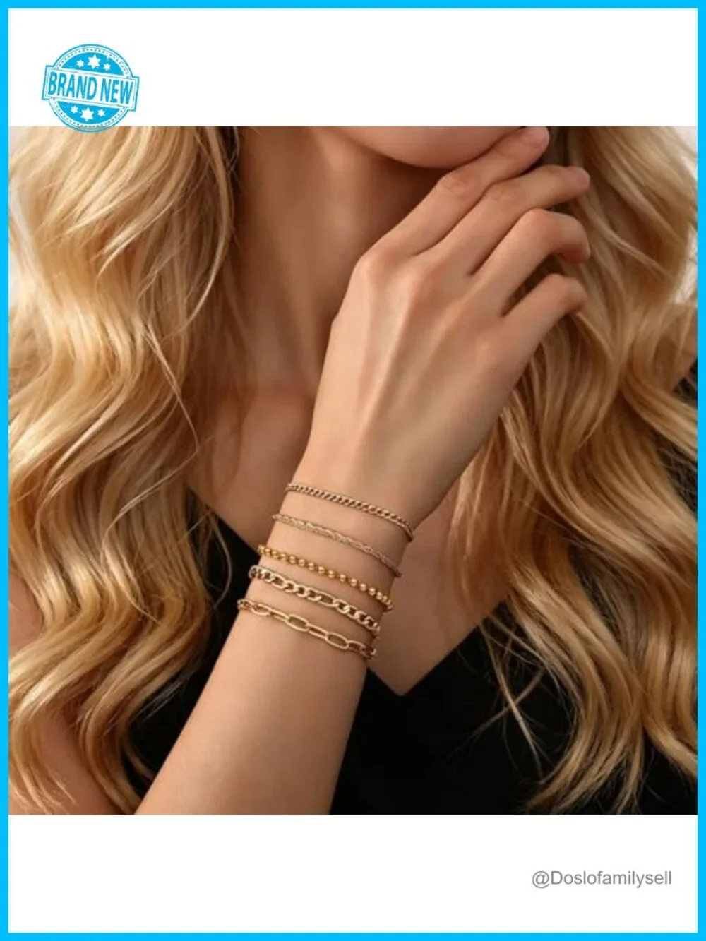 14K Gold Plated Waterproof Stackable Bracelet Set - 5 Pack Adjustable Link